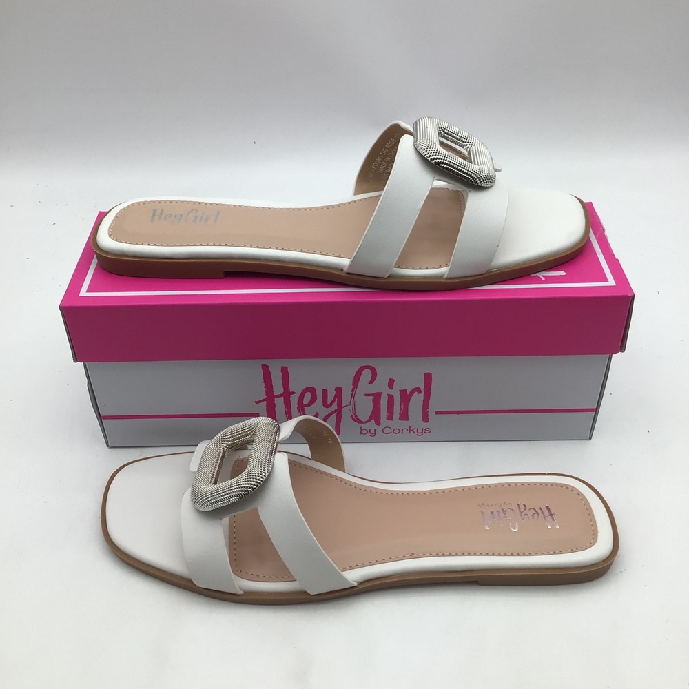 Hey Girl by Corkys Ring Around the Rosie White Slide Sandals Buckle Size 7 NEW